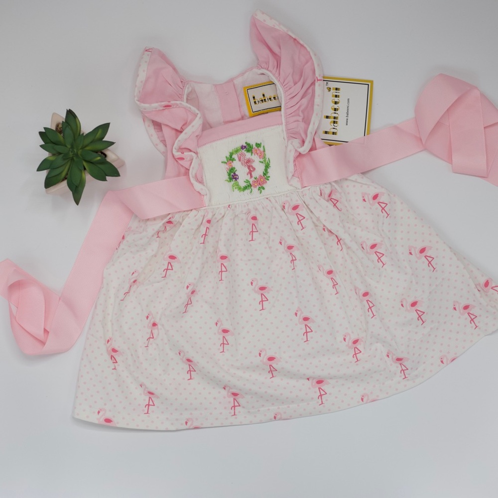 Smocked Flamingo & Flowers Ruffle Dress